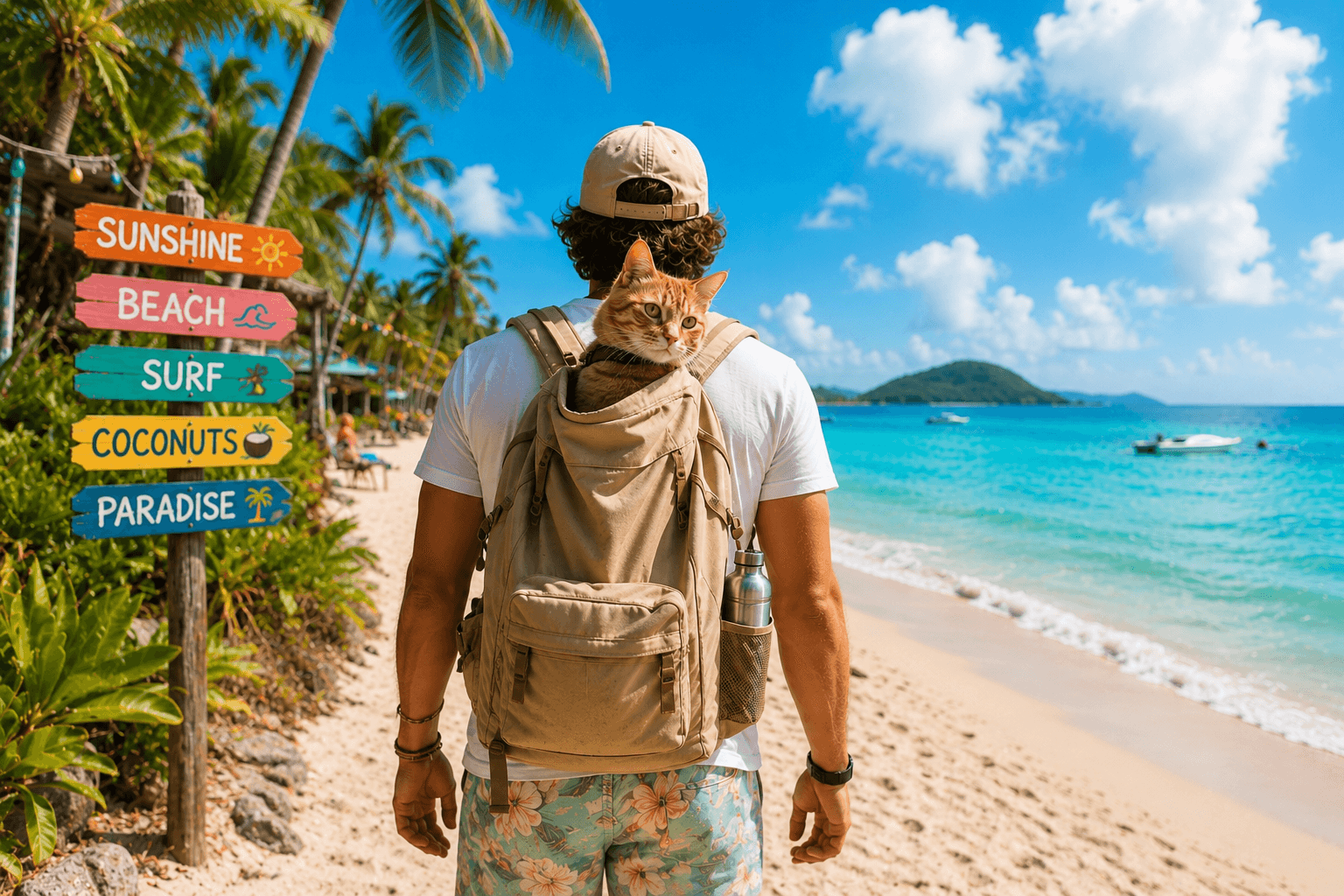 Traveler on a beach with a cat in a backpack
