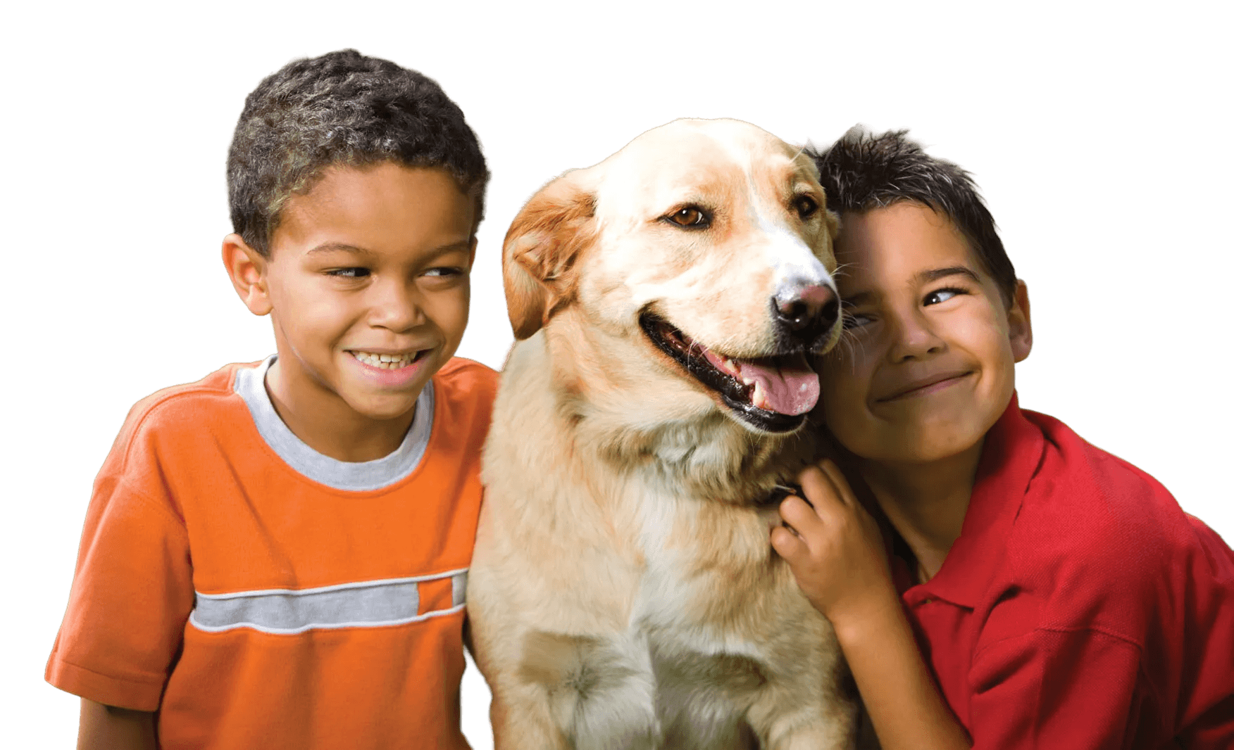 Two children hugging a Golden Retriever
