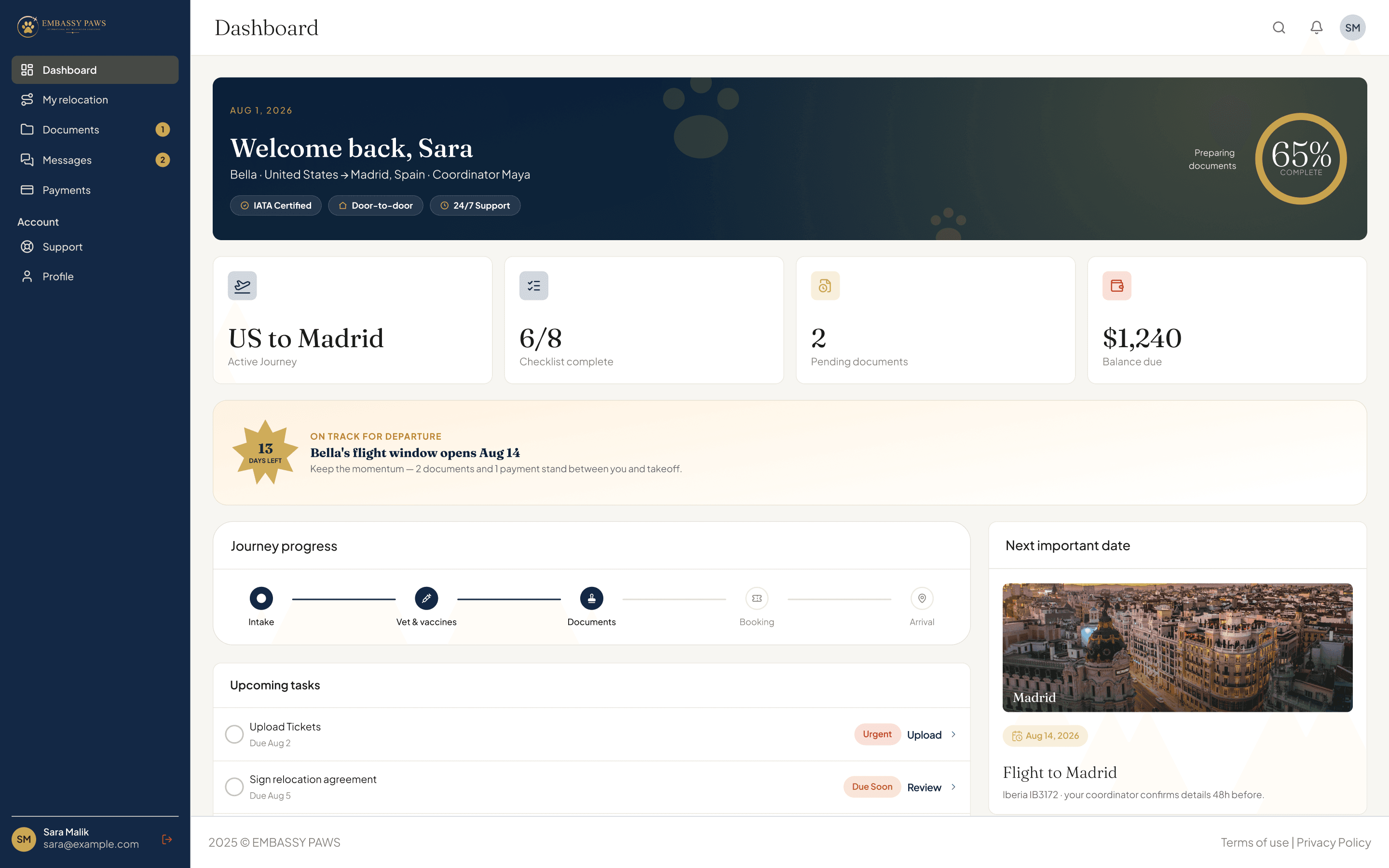 Embassy Paws web dashboard showing trip progress, documents, and tasks